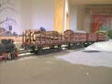 Transport von Normal-Spur Güterwagen auf der Schmalspur. Aus verdrillten Drähten hergestellter Baum-Rohling im Hintergrund. Gre: 37,0 kB